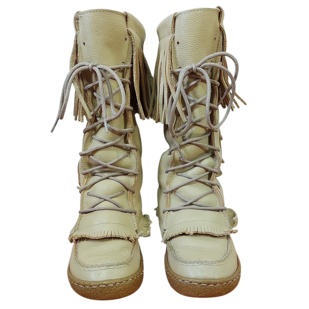 Mukluks Fringe Winter Boots Size 7 M Cream Rawhide Lace-up Western Moccasins